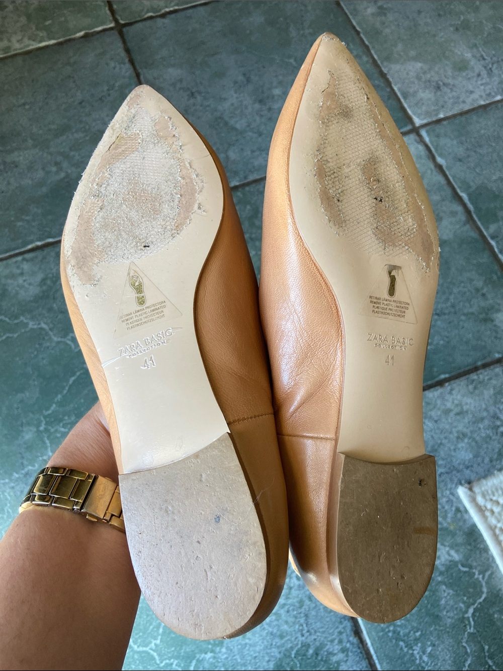 Zara Tan Pointed-Toe Cutout Leather Flats - Picture 4 of 6